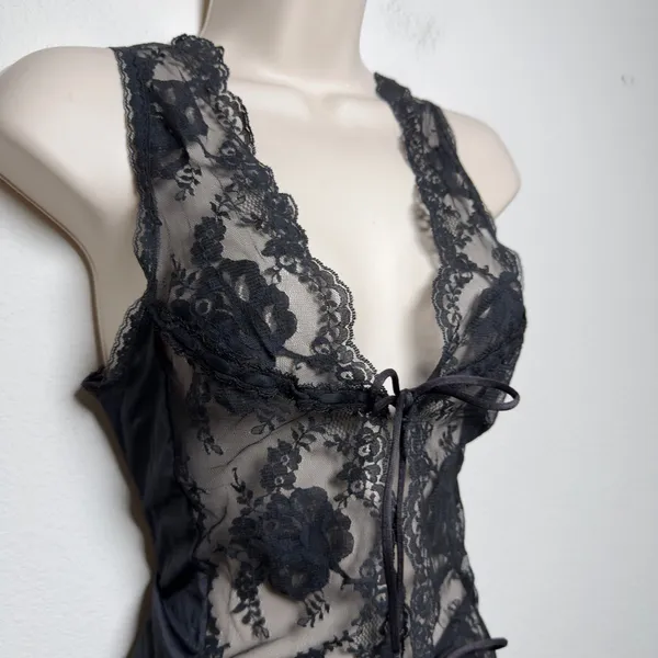 American Vintage VTG 60s Jenelle of California Women Black Lace Cami Top Sheer Tie Front Floral - Image 2