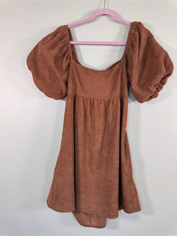 Audrey Parks Brown Corduroy Puff Sleeve Mini Dress Womens S Francesca Casual - Image 11