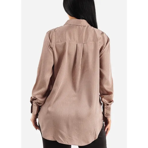 The Workshop Satin Pinstripe Oversized Button Up Shirt Mocha Medium Boyfriend‎ - Image 6