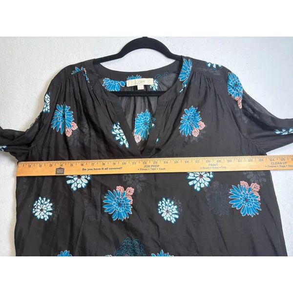 Loft Floral Border Print Split Neck Blouse Black Blue Boho Top Medium - Image 9