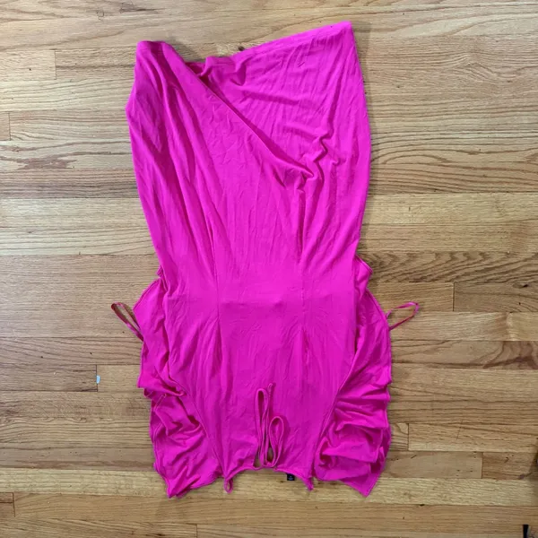 Ann Taylor Ruffle Cold Shoulder Dress 8 Hot Pink Rayon Knit Mini Shift - Image 5