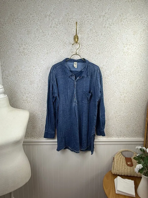 We The Free Oversized Blue 100% Cotton Love This Henley Top - Size - Small - Image 3