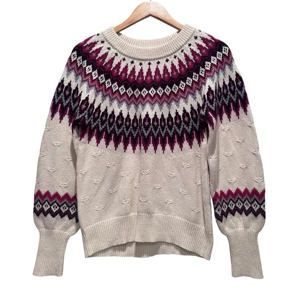 Sundance Eloise Fair Isle Sweater Wool Blend Cream Burgundy Cozy XS‎ - Image 2