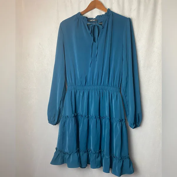 Boho Feminine Tiered Teal Mini Dress Feminine Free Spirit BTFBM ruffle L - Image 2