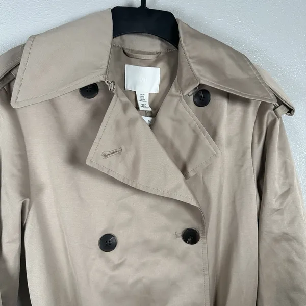 NEW H&M Trench Coat Womens XS Beige Khaki Double Breasted Belted Long $139MSRP - Image 3