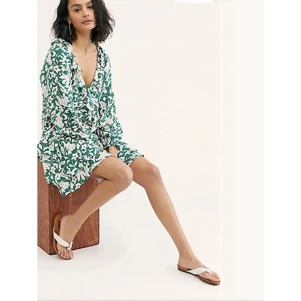 Free People Rebecka Floral Ruffled Mini Dress Size Medium Emerald Green - Image 9