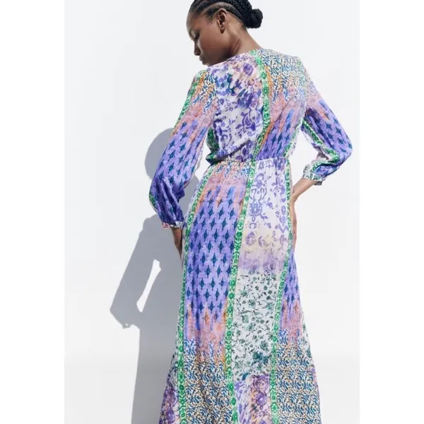 Zara Patchwork Print Maxi Dress‎ Multicolored V-Neck Boho Slit Size M - Image 3