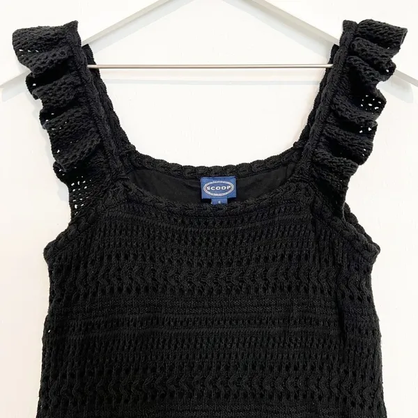 Crochet Mini Dress Size S Black Ruffle Strap Open Knit Lined Party Dark Coquette - Image 4