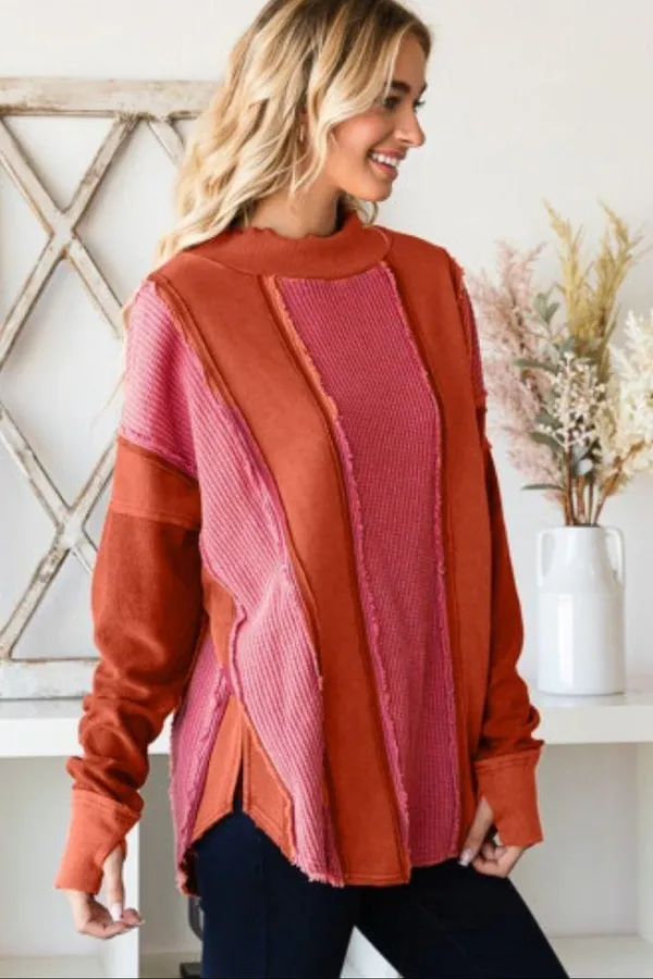 NEW Red and Pink Waffle Knit Exposed Seam Patchwork Top Size M - Image 4