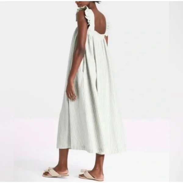 A New Day Linen Blend Striped Ruffle Sleeve Midi Dress‎ Size L - Image 2