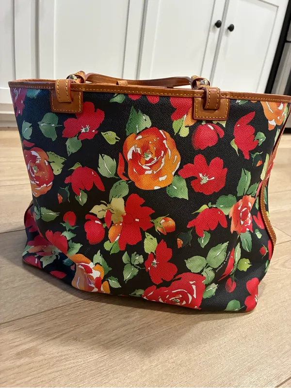Dooney & Bourke Rose Garden Collection Black Red Leather Tote Bag - Image 9