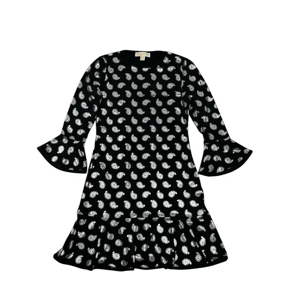 MICHAEL KORS Black/Silver Foil Paisley Flounce Shift Dress Bell Sleeves Size S - Image 6