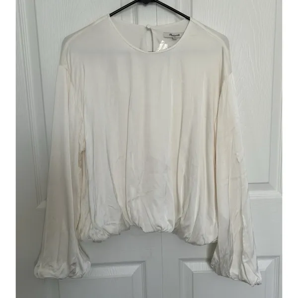 Madewell Long-Sleeve Bubble-Hem Top Winter White Lightweight Satin Lined Size 8 - Image 2