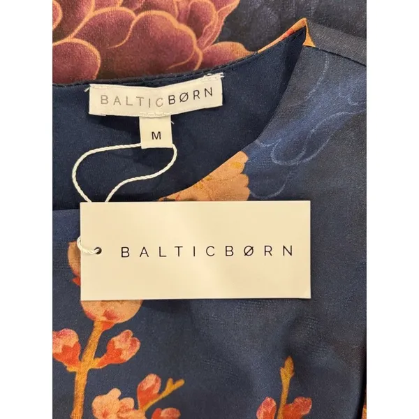 NWT Baltic Born Maxi Dress Blue Colina Satin Floral Flutter Side Slit Medium - Image 4