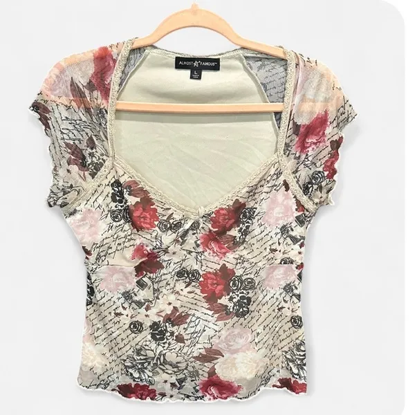 Almost Famous Sheer Floral Graphic Mesh Going Out Top Y2K Boho Size L - Image 4