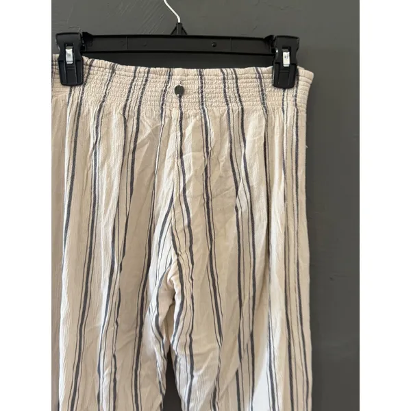 Billabong Womens Striped Wide Leg Linen Blend Pants‎ Cream Navy Blue Coastal L - Image 5