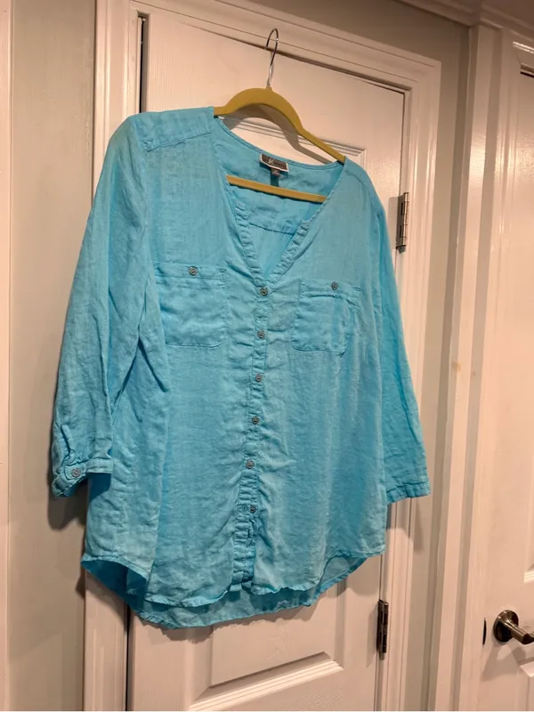 JM Collection Size 14 Aqua Blue Linen Button Down Collarless Beachy Tunic Top - Image 6
