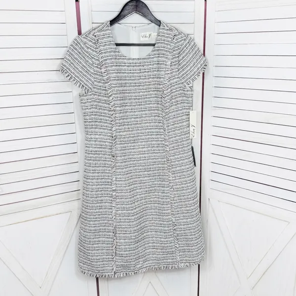 Eliza J Spring Tweed Fringe Hem Fit‎ Flare Dress White Pink Black Size 12 - Image 10