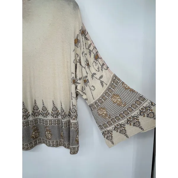 Free People Linen Blend Metallic Border Print Bell Sleeve Top Women S Cream - Image 6