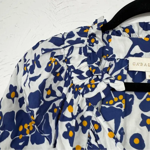 Cabellero Blue White Floral Silk Blend Blouse Womens L Puff Sleeve Boho Shirt - Image 3