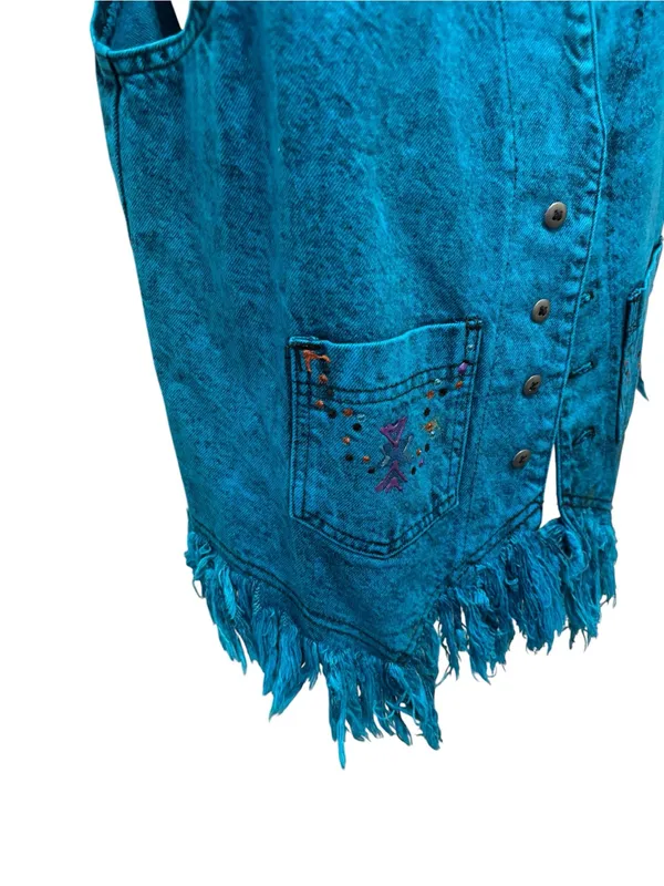 Arizona Jones Acid Denim Vest Sz XL Dyed Fringe Aztec Southwest Festival Tribal - Image 4