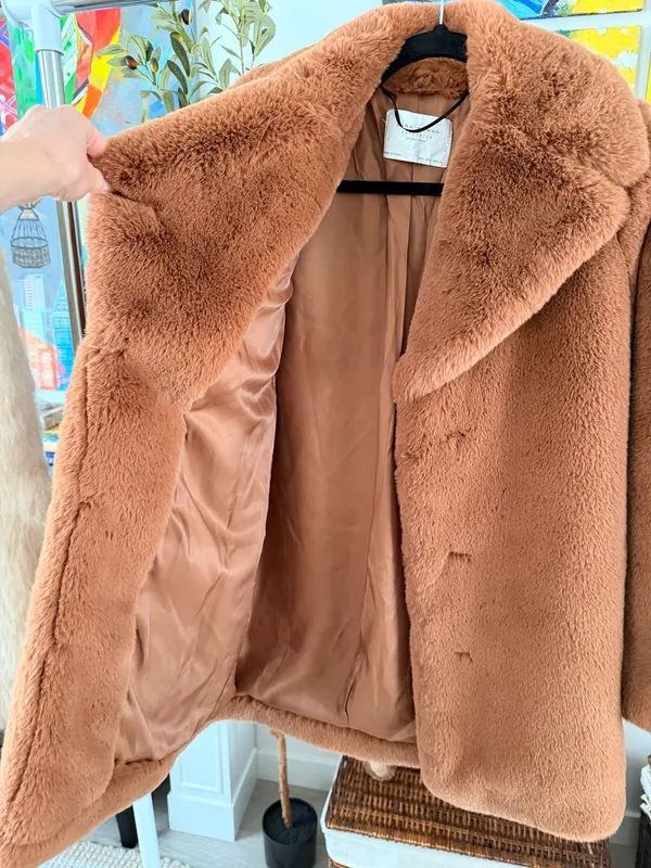 Zara Woman Super Soft Cozy Warm Thick Brown Caramel Faux Fur Coat Jacket Small - Image 6