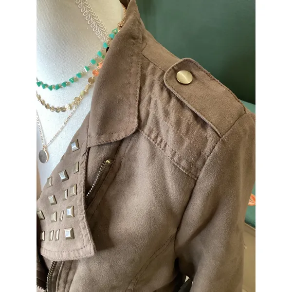 GB Studded Faux Suede Moto Jacket Women‎ M Brown NWT Cropped Biker - Image 3