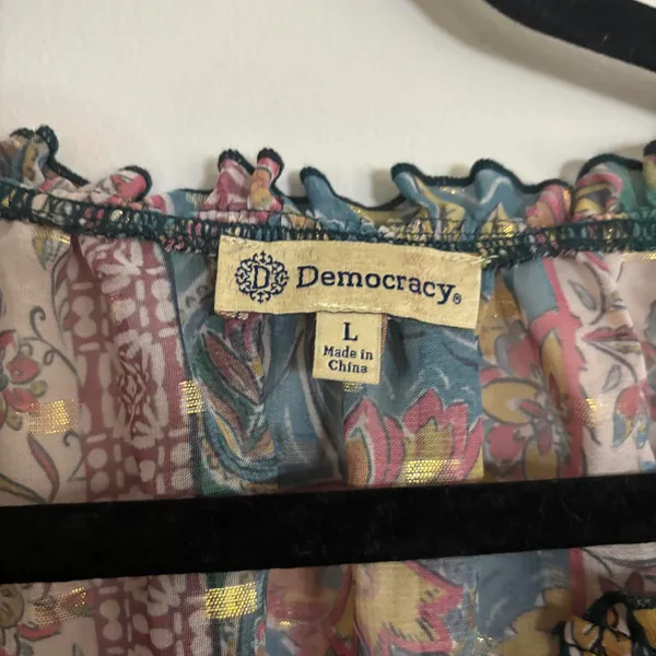 Democracy floral BoHo printed metallic thread sheer peasant blouse tunic - Image 7