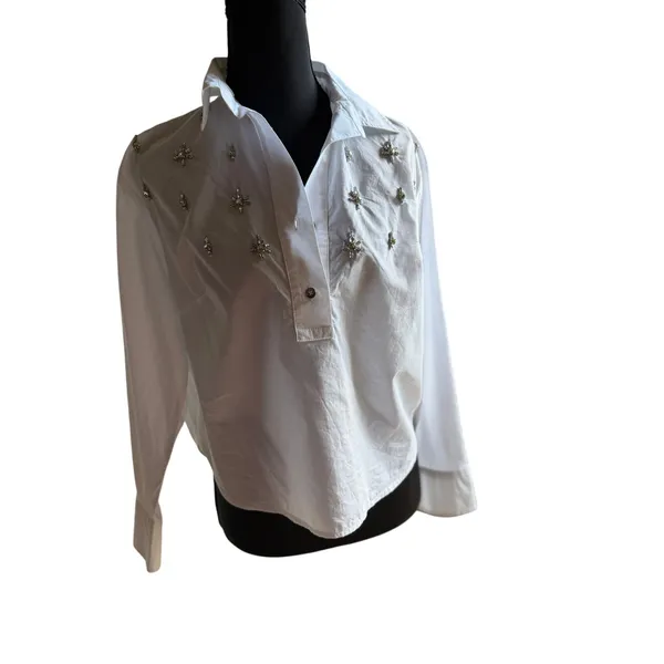 Talbots Petite White Cotton Popover Shirt Rhinestone Embellished Western Country - Image 3