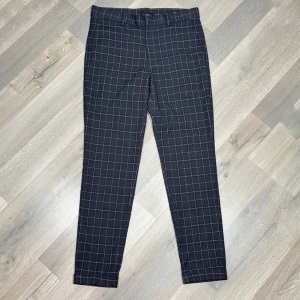 H&M Windowpane Plaid Cuff Hem‎ Skinny Fit Trouser Pants Blue Tan Size 29 - Image 3