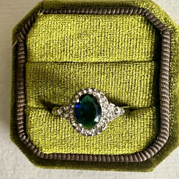 Oval Blue Gemstone Ring with CZ Diamond Halo Titanium Steel Silver Band Size 8 - Image 2