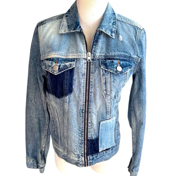 Lucky Brand Patchwork Tommy Trucker Denim Jacket Jean Jacket Zip Front Blue S - Image 4