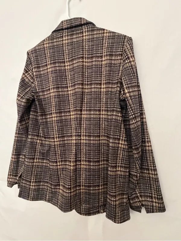 Anne Klein Women Plaid Single Button Knit Blazer Faux Leather Trim Size M(A899) - Image 9