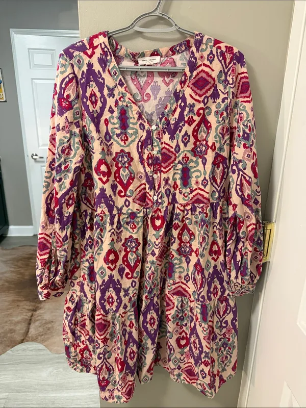 Beach Lunch Lounge Boho Ikat Tiered Mini Dress Pink Purple XS - Image 3