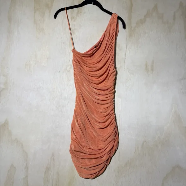 Lioness One Shoulder Ruched Mini Dress‎ Orange Shimmer Bodycon Women's Small - Image 7