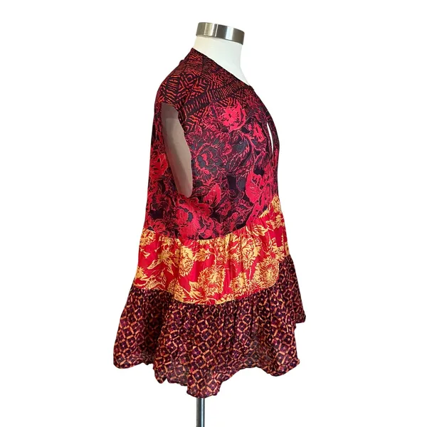Free People Boho Red Warm Tones "Gotta Have‎ You" Tiered Tunic Blouse Size XS - Image 4