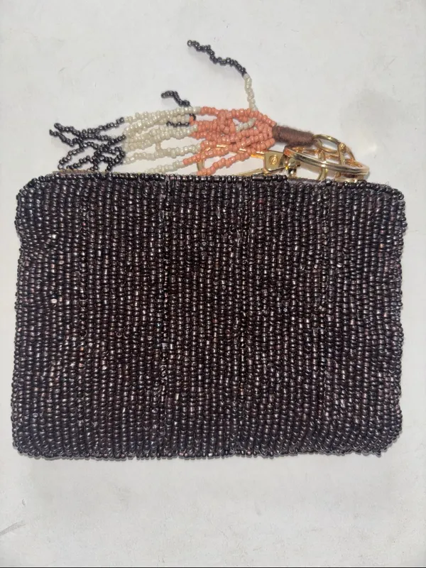 Source Unknown BROWN AND PINK BEADED MINI BAG OR COIN PURSE 5” X 4” HAS BEADED TASSEL ZIP PULL - Image 5