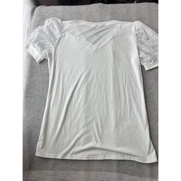 V Neck Short‎ Sleeve Puff Sleeve White Blouse Womans L Casual Loose Shirts - Image 7