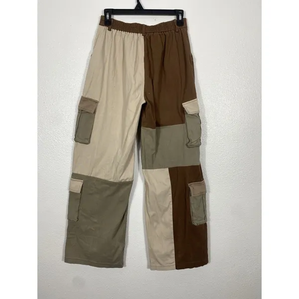 Hot & Delicious Patchwork Cargo Pants Brown Beige Olive Cotton Relaxed Women's M - Image 4