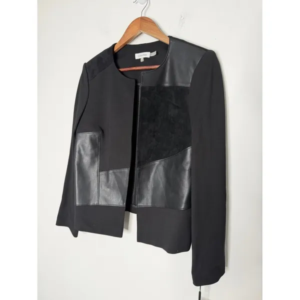 Calvin Klein Faux Leather Panel Open Front Blazer Textured Black‎ Size 8 - Image 2