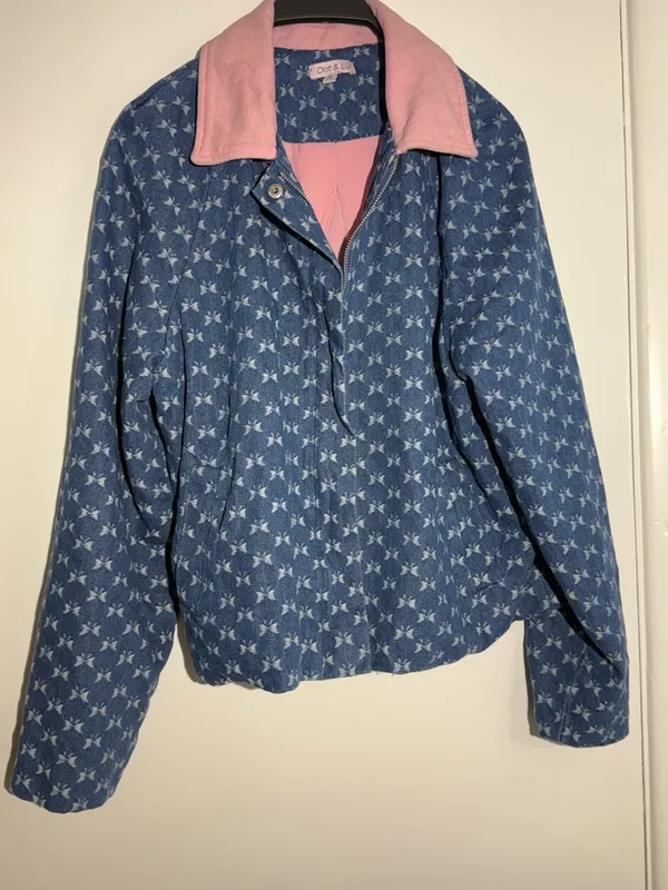 Anthropologie Dot & Lu Quilted Blue Floral Jacket Pink Collar Missing Zipper - Image 3