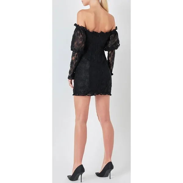 Endless Rose Off The Shoulder‎ Dress Size Medium Black Lace Fitted Long Sleeve - Image 3