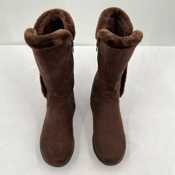 Bass FlexStep Loretta Chocolate Brown Faux Suede Fur Trim Tall Zip Boots Size 7 - Image 2