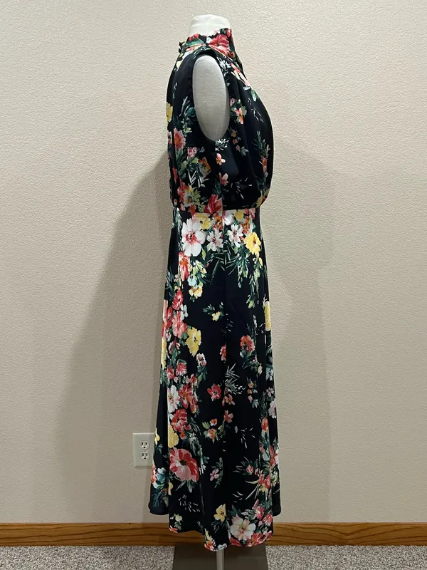 Maurices Black Floral Funnel Neck Satin Midi Dress Size Medium - Image 10