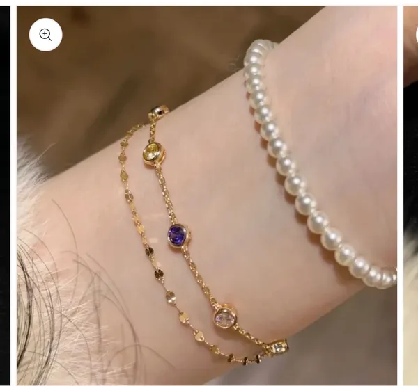 Rainbow Color Stone Double Chain Bracelet in Solid Copper Gold - Image 2