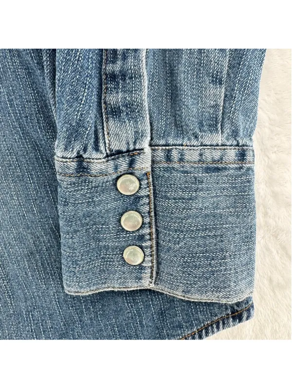 Vintage 90s Denim Western Shirt Pearl Snaps Route 66 Cowgirl Rodeo Country Large - Image 5