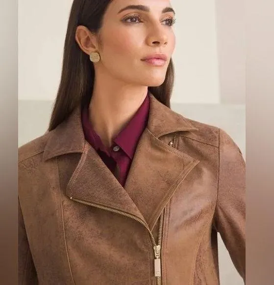 Chicos Brown Zippered Pocketed Faux Leather Suede Lined Motorcycle Jacket 4 6 - Image 5
