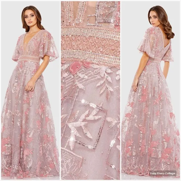 Mac Duggal Size 18 Pink Embroidered Floral V Neck Maxi Dress Gown - Image 2