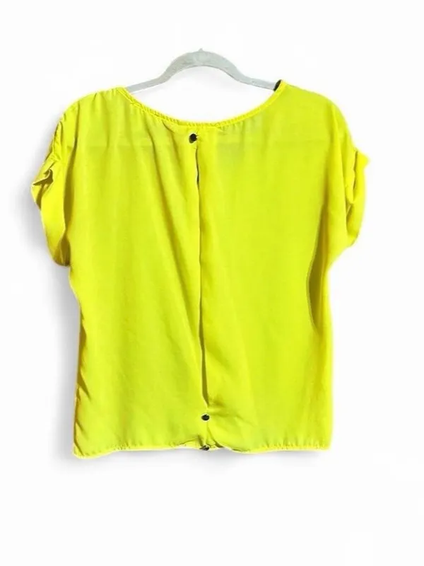 AGACI Neon Yellow Blouse with Rolled Short Sleeves and a Split Open Back Sz M - Image 3