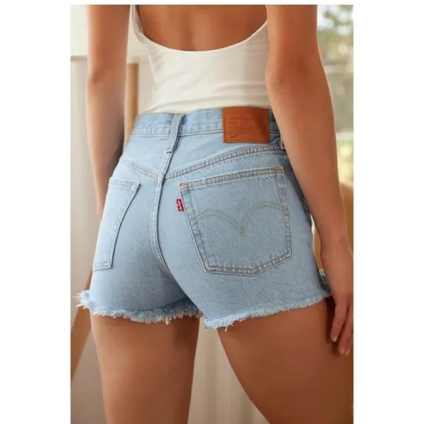 Levi's 501 button fly cotton denim raw hem shorts high rise 32 - Image 3